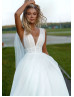 V Neck White Tulle Open Back Flowing Wedding Dress